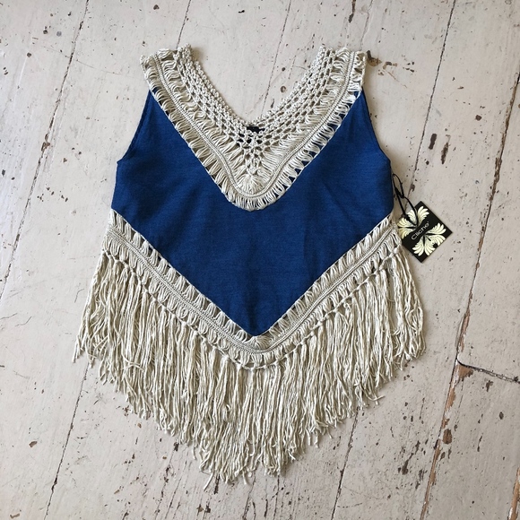 Cliche Crochet Fringe BoHo Denim Top - Picture 5 of 8